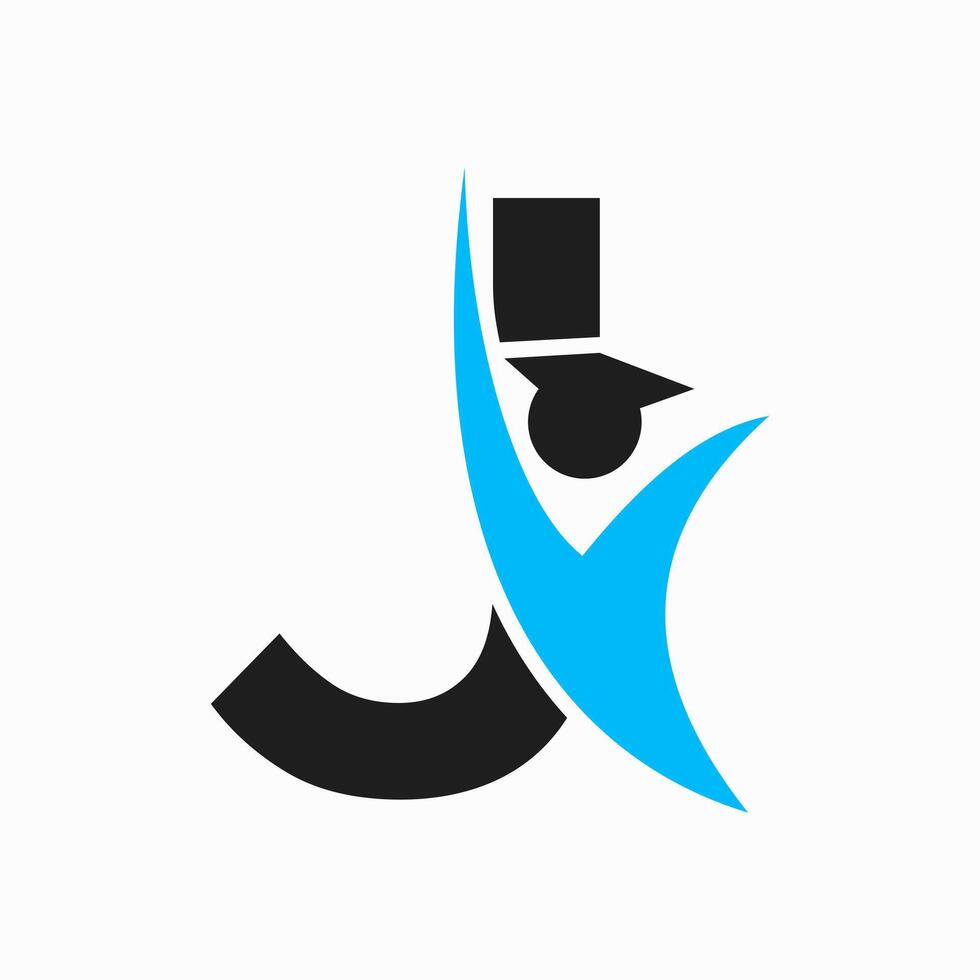 formazione scolastica logo su lettera j con la laurea cappello icona. la laurea simbolo vettore