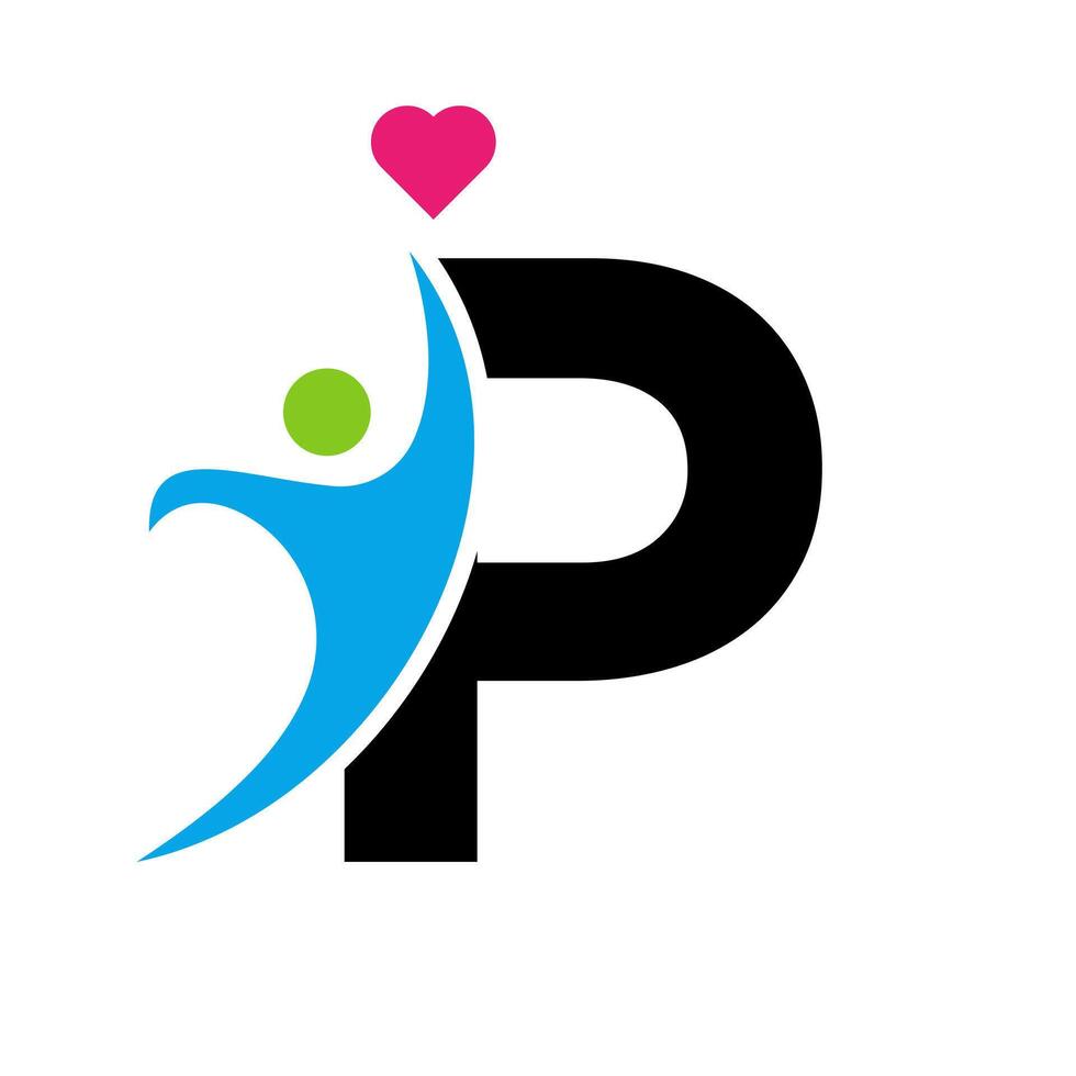 Salute cura logo su lettera p amore, cuore simbolo. beneficenza logotipo vettore