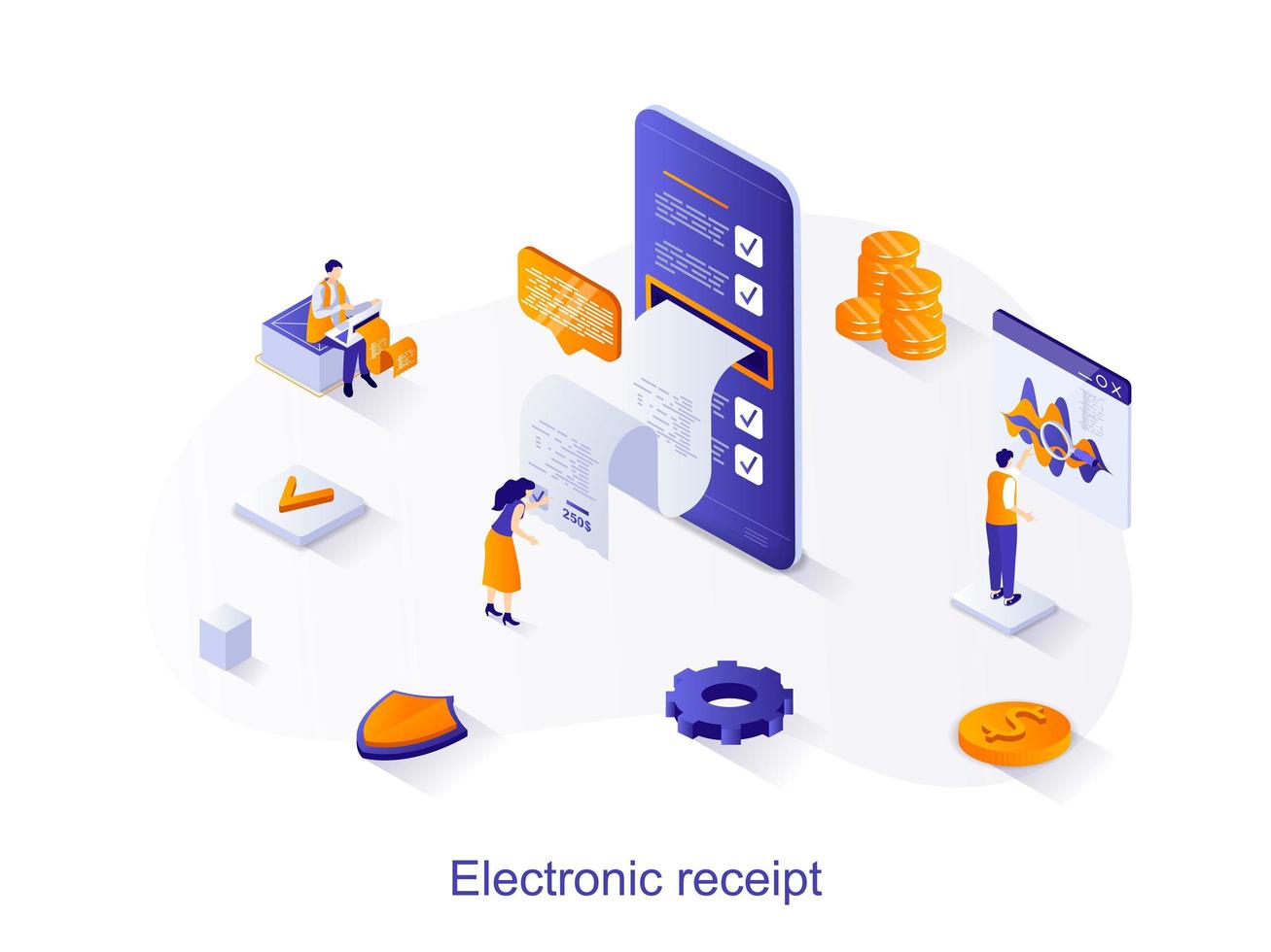 concetto di web isometrico di ricevuta elettronica. le persone ricevono e pagano le bollette digitali utilizzando l'applicazione mobile. scena delle transazioni bancarie online. illustrazione vettoriale per modello di sito web in 3d design