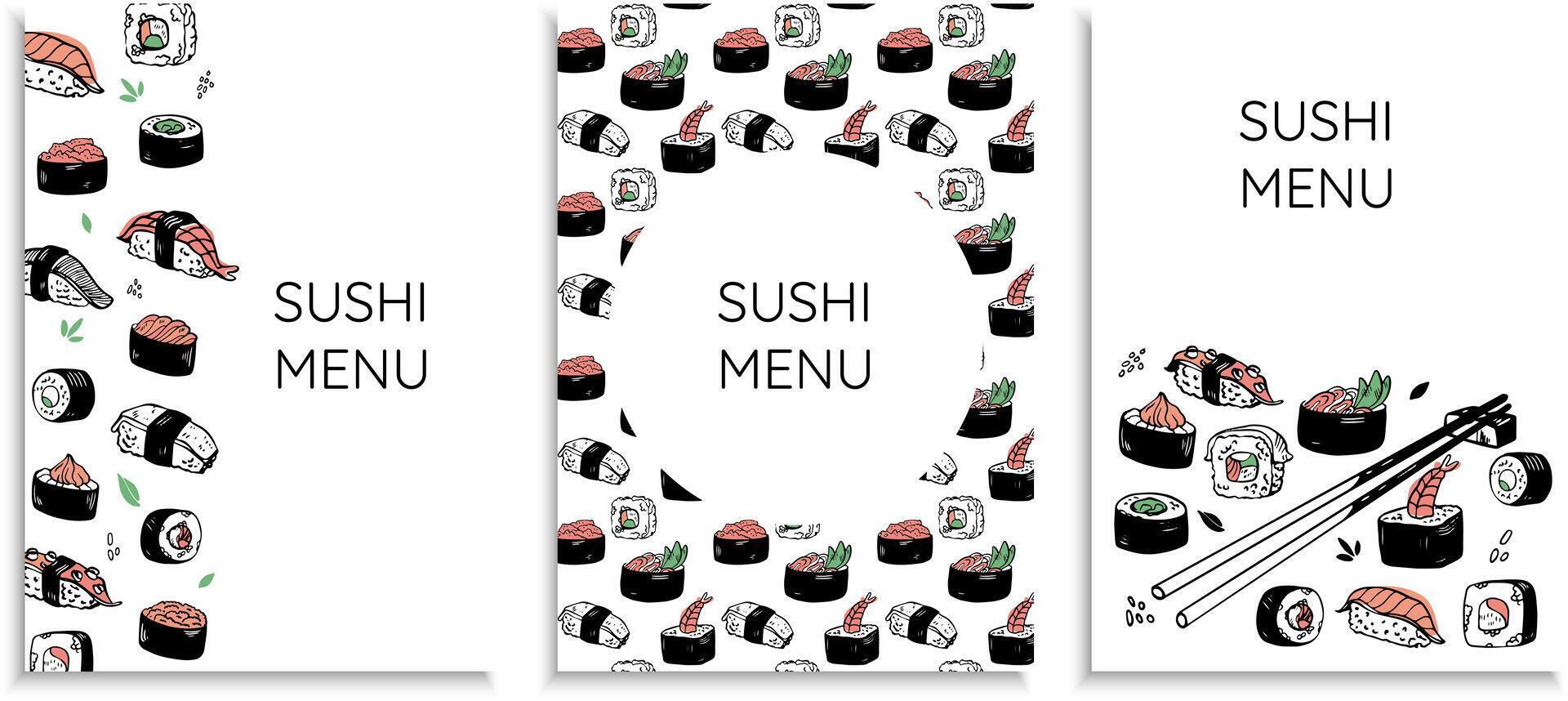 vettore mano disegnato impostato di Sushi menù disegni. giapponese cibo ristorante manifesti