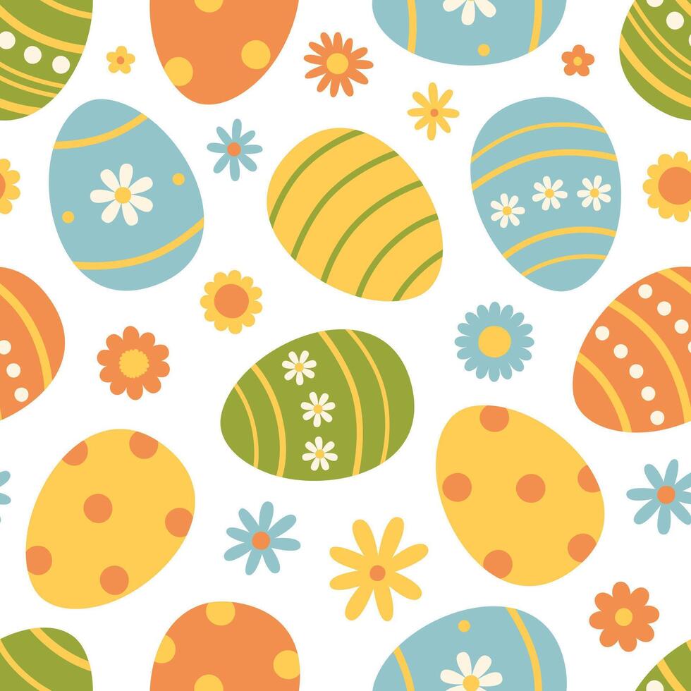 senza soluzione di continuità modello con colorato Pasqua uova e fiori. carino vacanza struttura. vettore piatto illustrazione su bianca sfondo