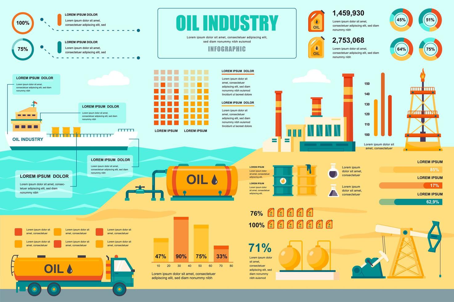 banner concetto di industria petrolifera con elementi infografici. estrazione industriale, trasporto, impianto di raffineria. modello di poster con visualizzazione dei dati grafici, sequenza temporale, flusso di lavoro. illustrazione vettoriale