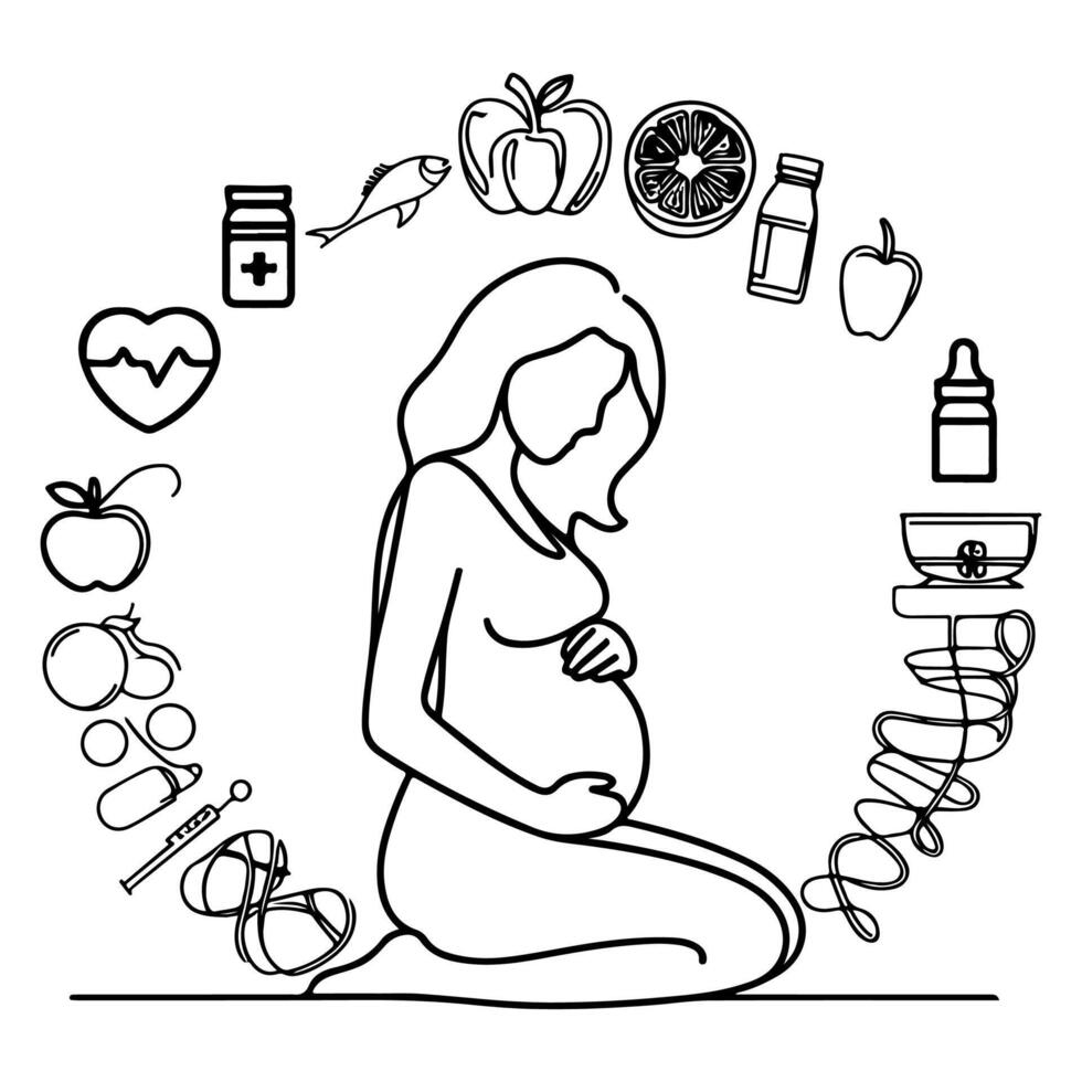 singolo continuo nero linea arte disegno lineare arte medicina Salute cura gravidanza salutare con incinta cibo scarabocchio vettore illustrazione