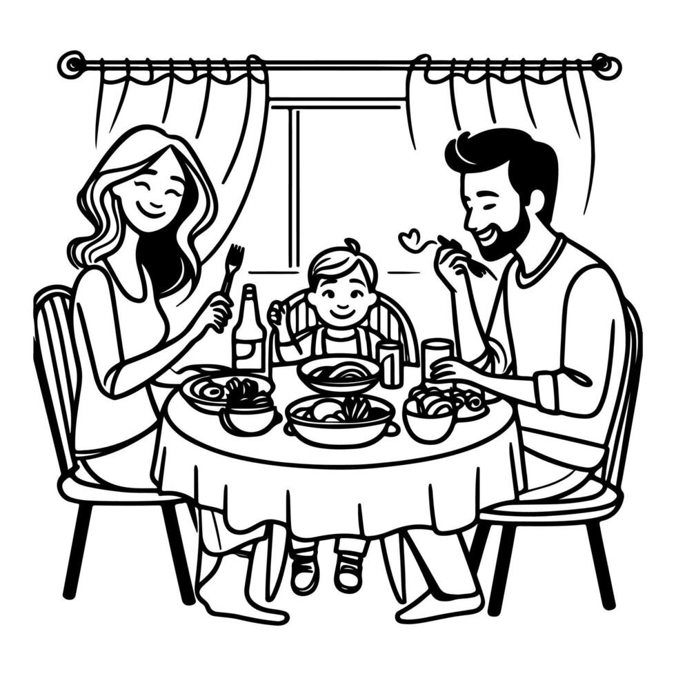 continuo uno nero linea arte disegno contento famiglia padre e madre con bambino. avendo cena seduta a tavolo scarabocchi stile vettore illustrazione su bianca sfondo