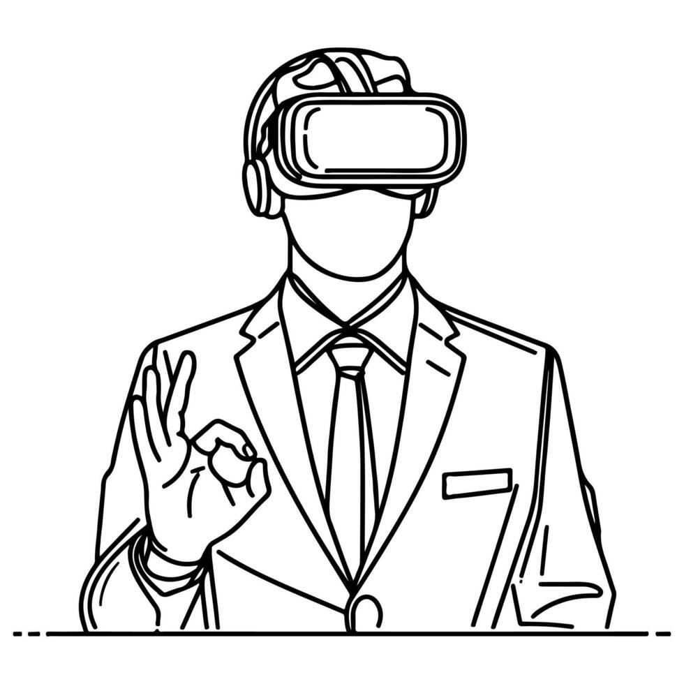 singolo continuo disegno nero linea arte lineare uomo d'affari nel ufficio utilizzando virtuale la realtà cuffia simulatore bicchieri con computer scarabocchio stile schizzo vettore