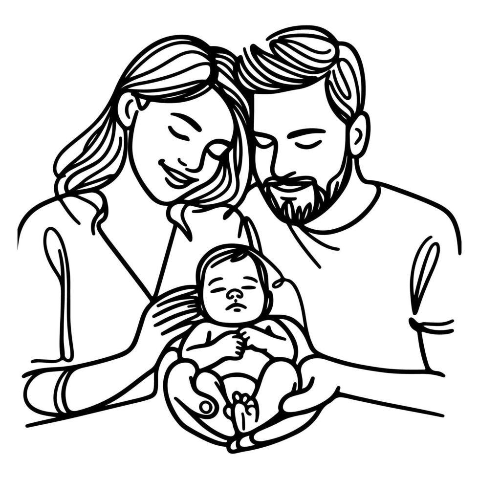 continuo uno nero linea arte disegno genitori con neonato bambino scarabocchi schema stile vettore illustrazione su bianca sfondo