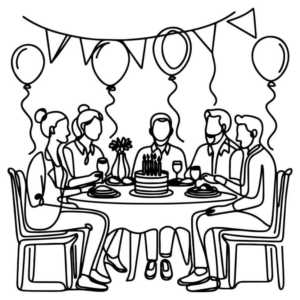 singolo continuo disegno nero linea famiglia cena seduta a tavolo per celebrazione anniversario compleanno festa scarabocchi vettore