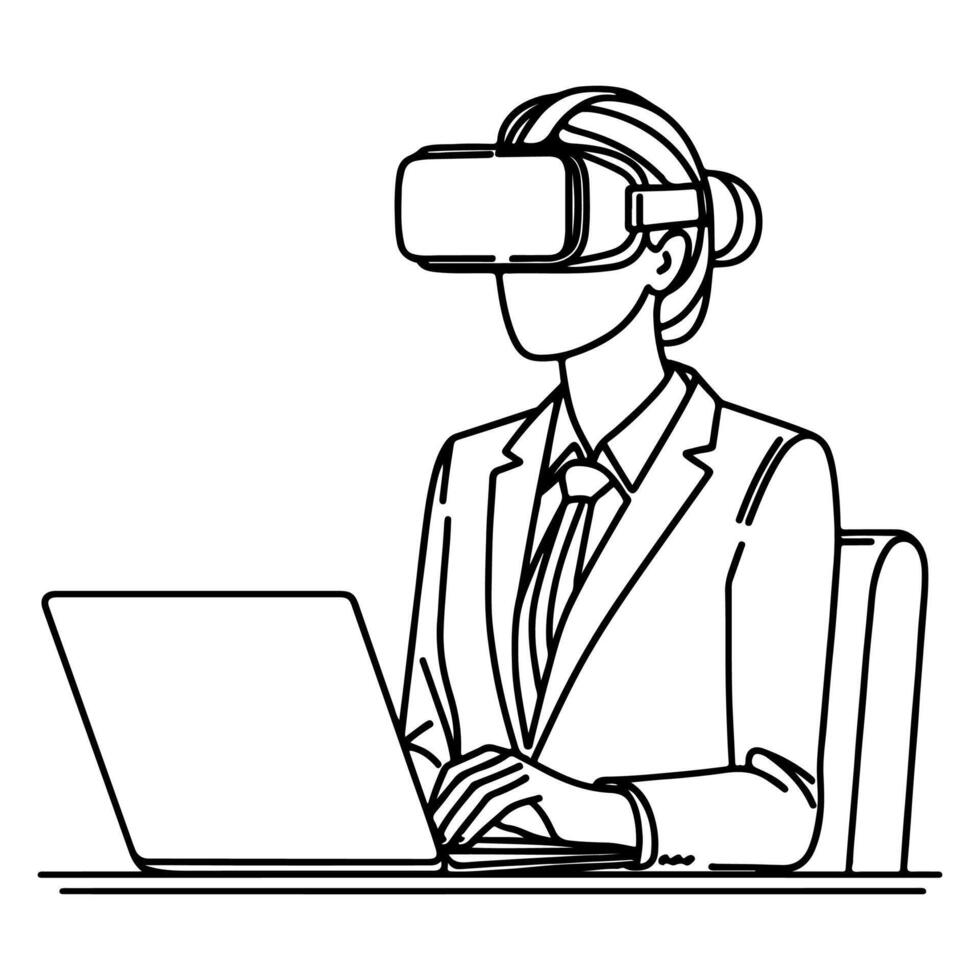 singolo continuo disegno nero linea arte lineare donna nel ufficio utilizzando virtuale la realtà cuffia simulatore bicchieri con computer scarabocchio stile schizzo vettore