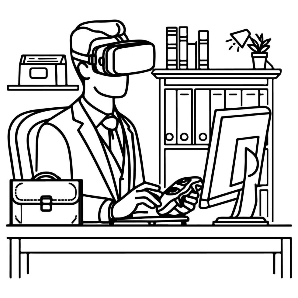 singolo continuo disegno nero linea arte lineare uomo d'affari nel ufficio utilizzando virtuale la realtà cuffia simulatore bicchieri con computer scarabocchio stile schizzo vettore