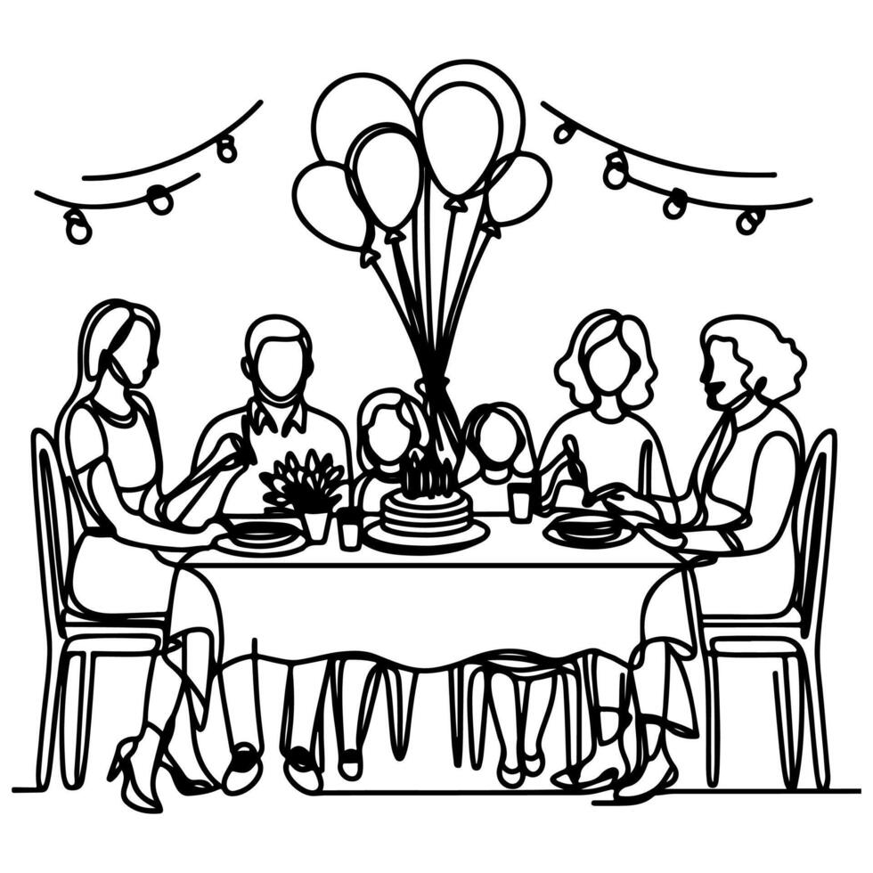 singolo continuo disegno nero linea famiglia cena seduta a tavolo per celebrazione anniversario contento compleanno festa scarabocchi vettore