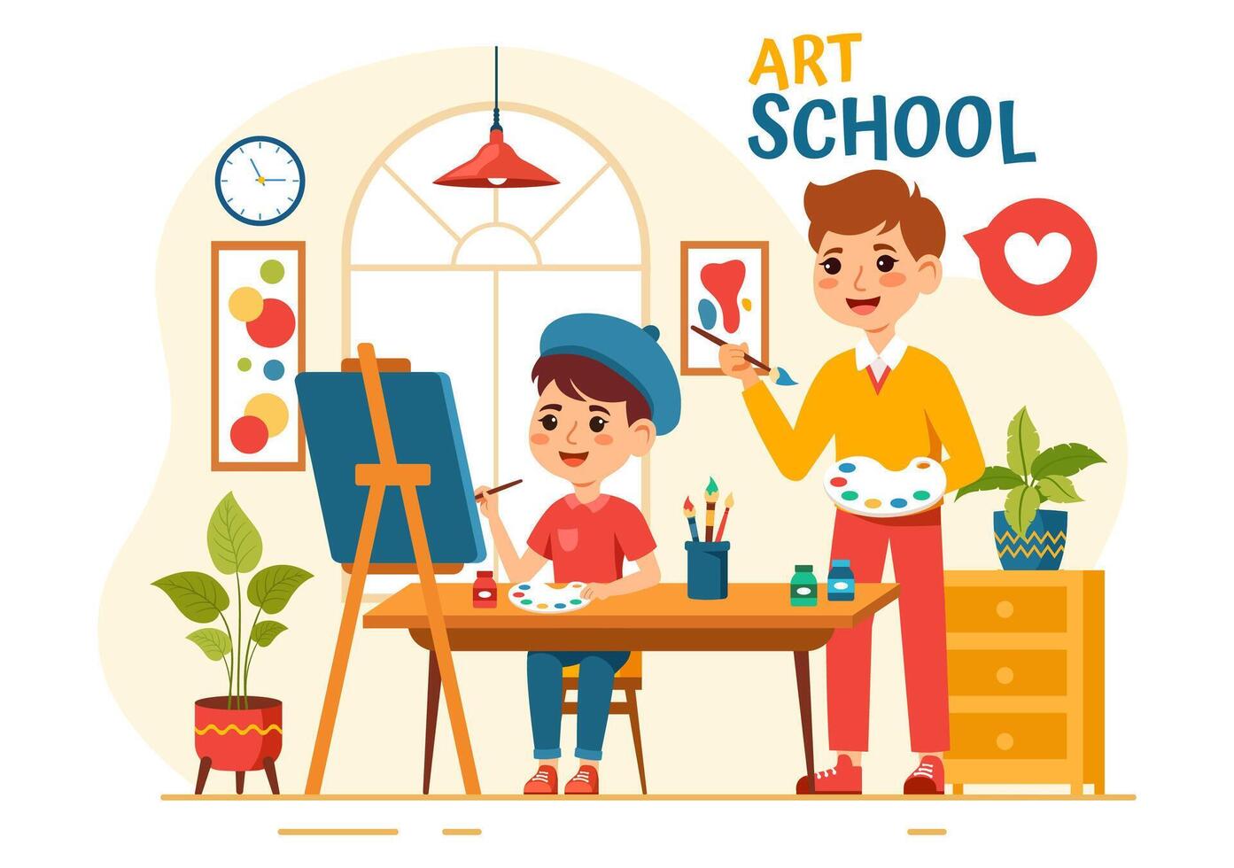 arte scuola vettore illustrazione con bambini di pittura con vivere modello o oggetto utilizzando utensili e attrezzatura nel piatto cartone animato sfondo design