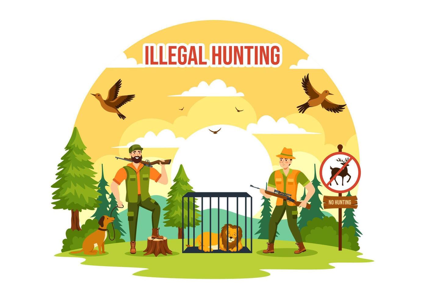 illegale a caccia vettore illustrazione di tiro, assunzione selvaggio animali e impianti per vendere nel piatto cartone animato sfondo design