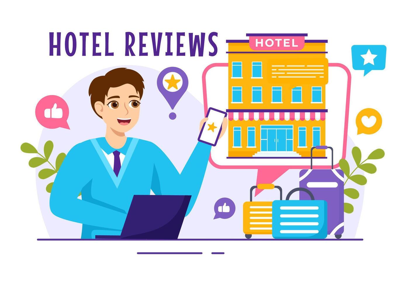 Hotel recensioni vettore illustrazione con valutazione servizio, utente soddisfazione per nominale cliente, Prodotto o Esperienza nel piatto cartone animato sfondo