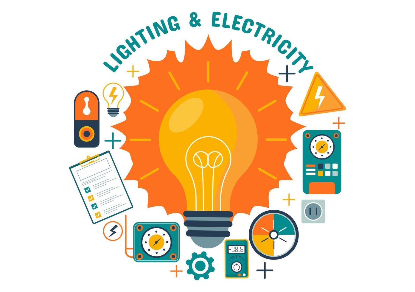 illuminazione e elettricità vettore illustrazione con lampada e energia Manutenzione servizio pannello Consiglio dei ministri di tecnico elettrico opera su piatto sfondo