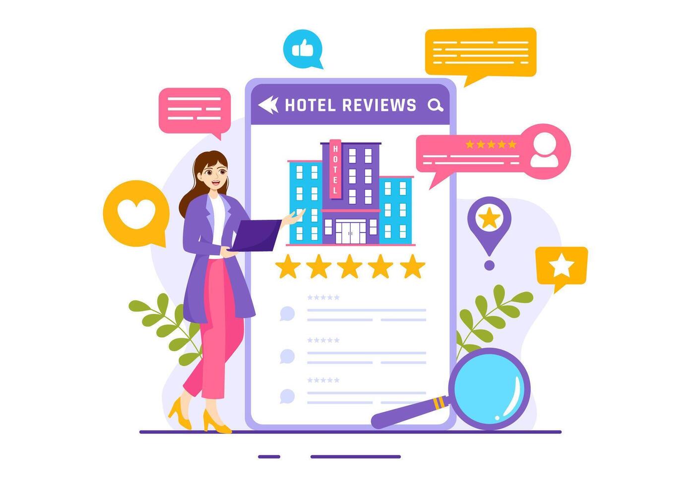 Hotel recensioni vettore illustrazione con valutazione servizio, utente soddisfazione per nominale cliente, Prodotto o Esperienza nel piatto cartone animato sfondo