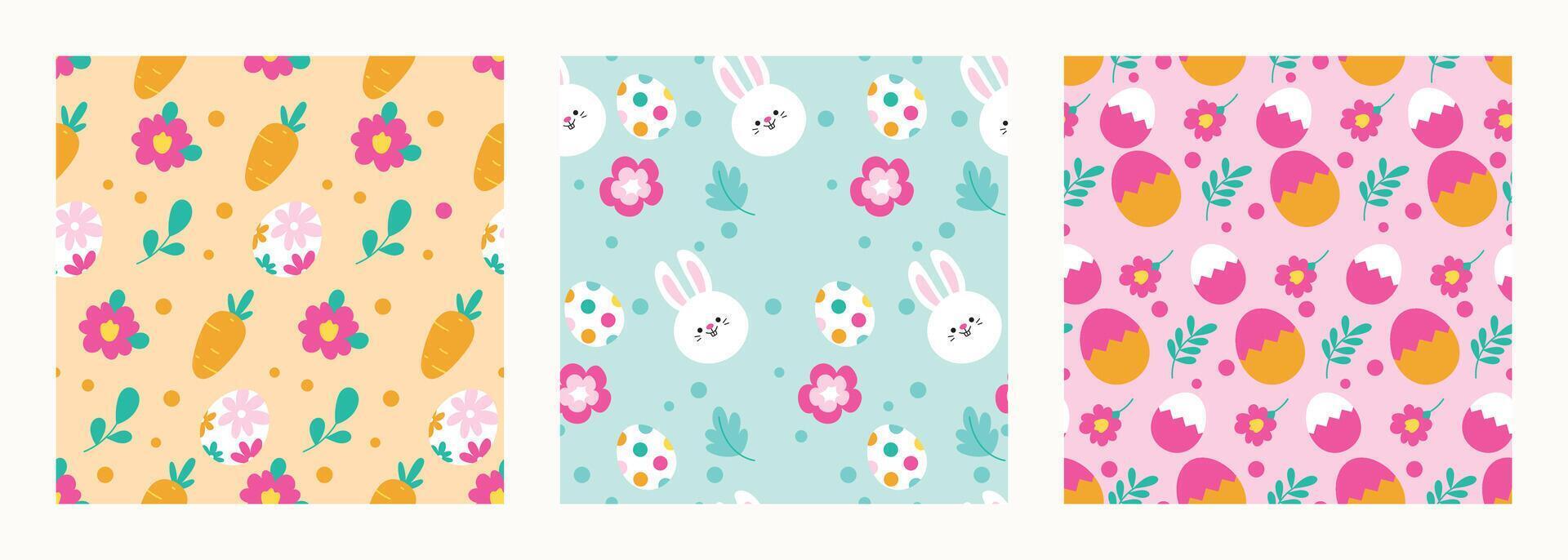 contento Pasqua senza soluzione di continuità modello vettore. impostato di piazza copertina design con Pasqua uovo, fiore, coniglio, carota. primavera stagione ripetuto nel tessuto modello per stampe, sfondo, coperchio, confezione, bambini, Annunci. vettore