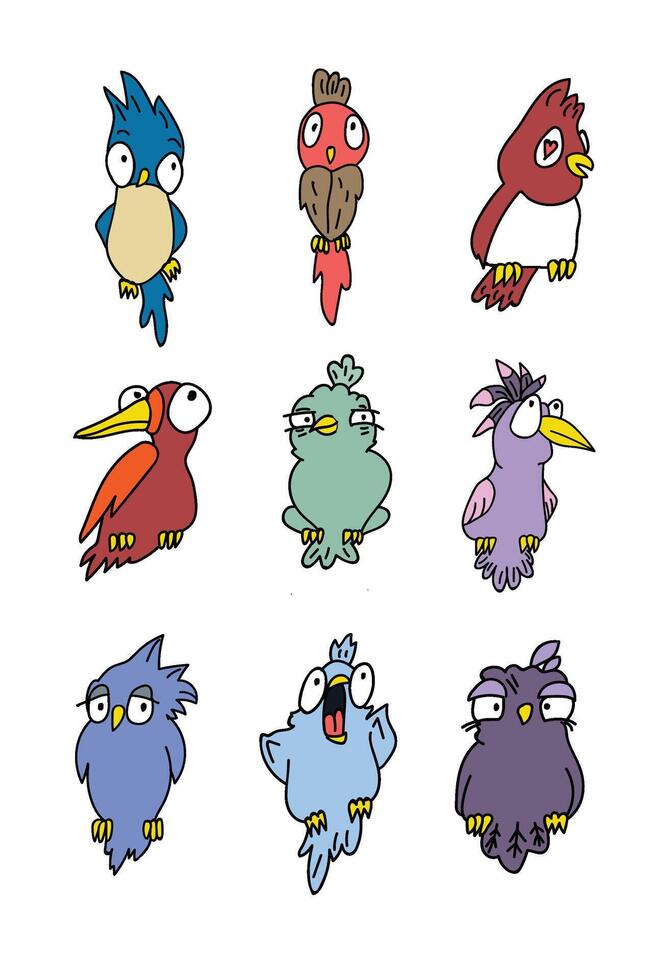 impostato di colorato cartone animato carino vettore uccelli