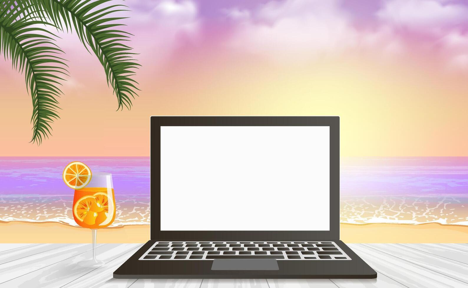 vettore tropicale tramonto il computer portatile modello con di legno tavolo, aperol cocktail bevanda e palma rami. a distanza opera concetto