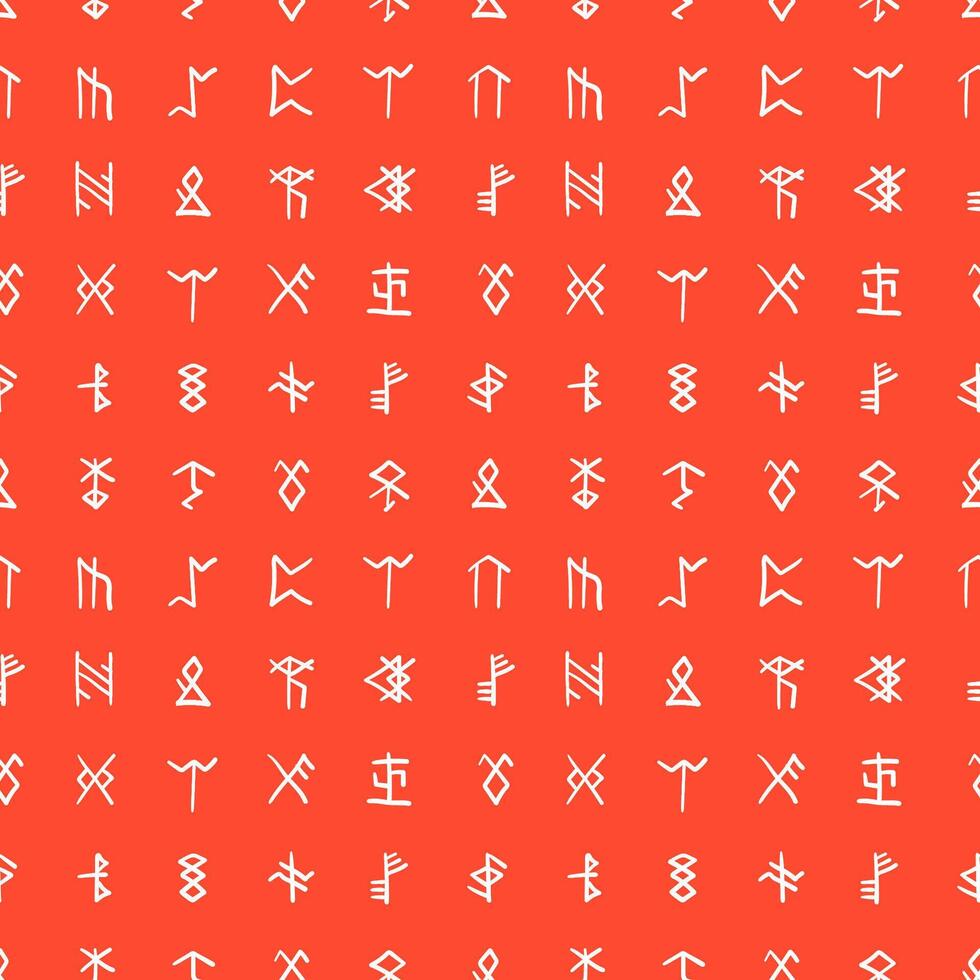 mano disegnato rosso senza soluzione di continuità modello con rune e runico alfabeto vettore