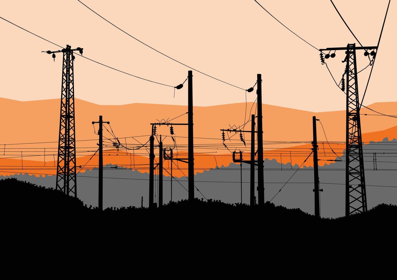 vettore illustrazione di alto voltaggio energia linee, elettricità torri e piloni nero sagome su tramonto