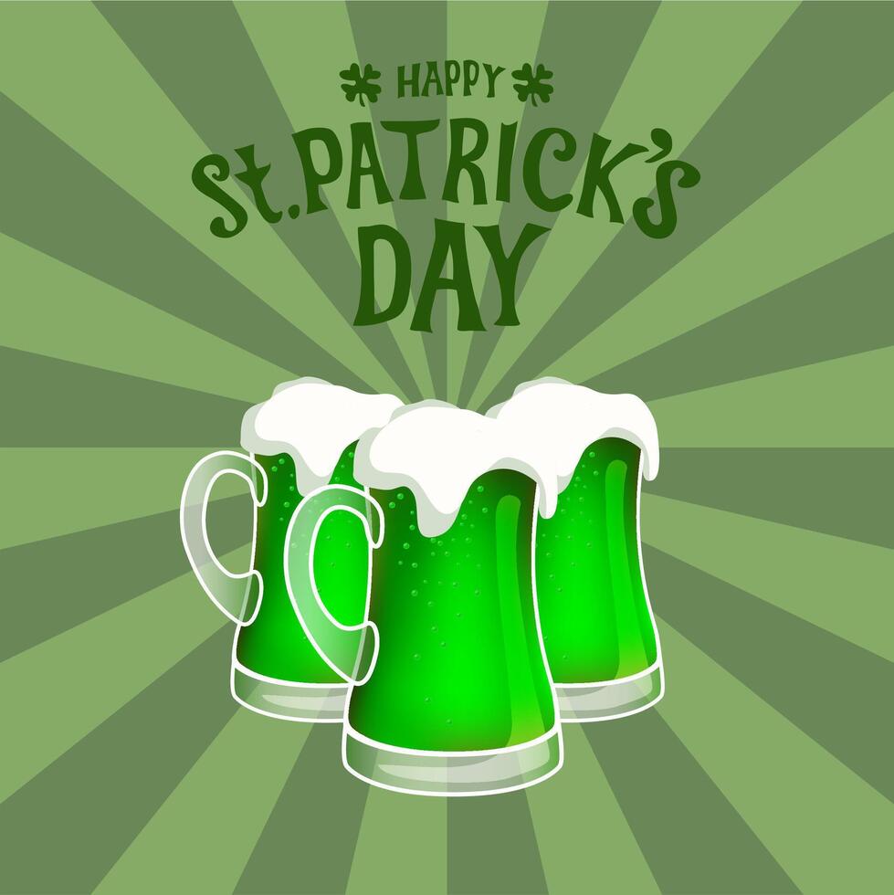 tre verde birra tazze contro sunburst Vintage ▾ sfondo. mano disegnato vettore con st Patrick giorno lettering