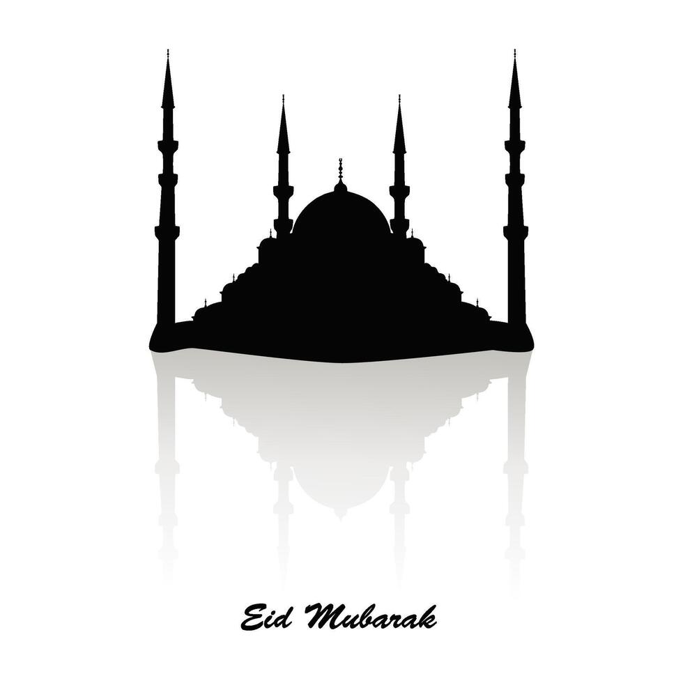 nero silhouette di un' moschea con un' riflessione effetto e saluto nero testo eid mubarak, saluto carta, musulmano religione. vettore