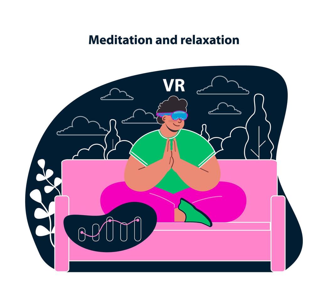 meditazione e rilassamento nel vr. tranquillo virtuale ambienti per consapevolezza e fatica sollievo. abbraccio pace con guidato vr meditazione. benessere attraverso immersiva rilassamento esperienze. piatto vettore