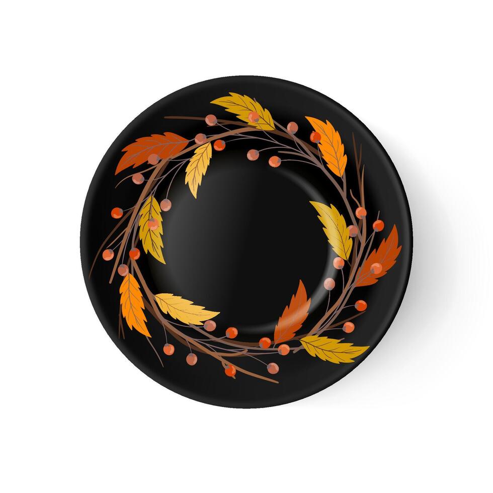 vettore nero porcellana piatto con mano disegnato autunno le foglie e rami. arti e artigianato, interno decorazione