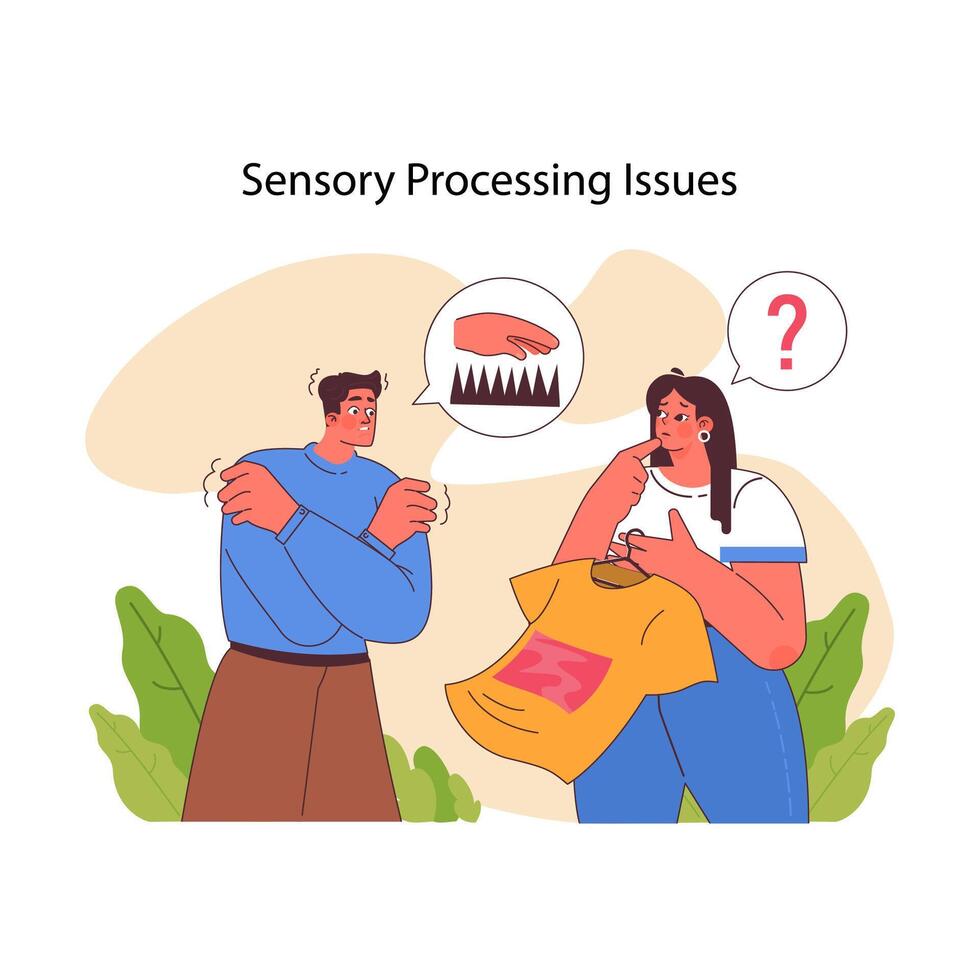 perspicace raffigurazione di sensoriale in lavorazione questioni. piatto vettore illustrazione