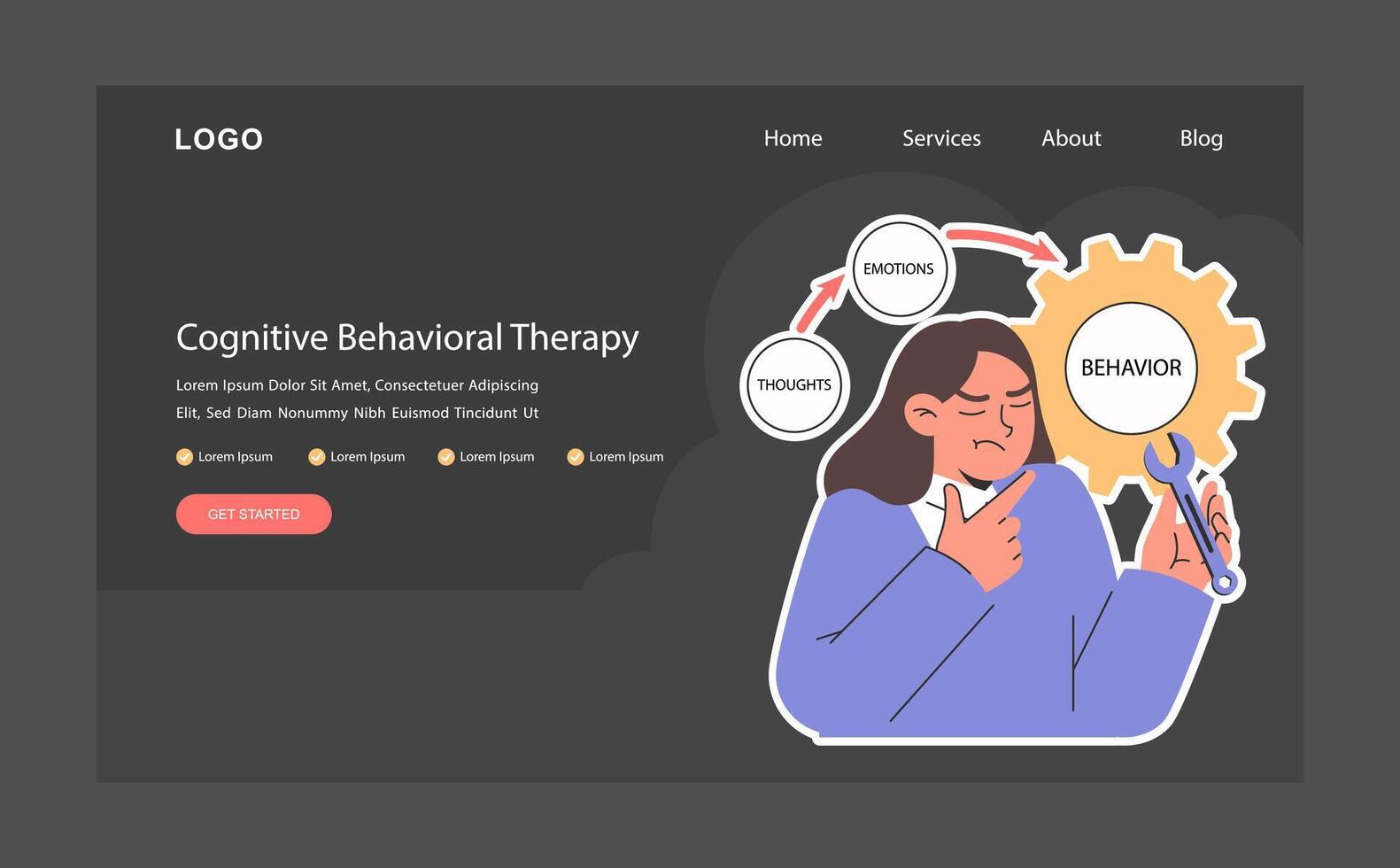 conoscitivo comportamentale terapia, collegamento pensieri, emozioni, vettore