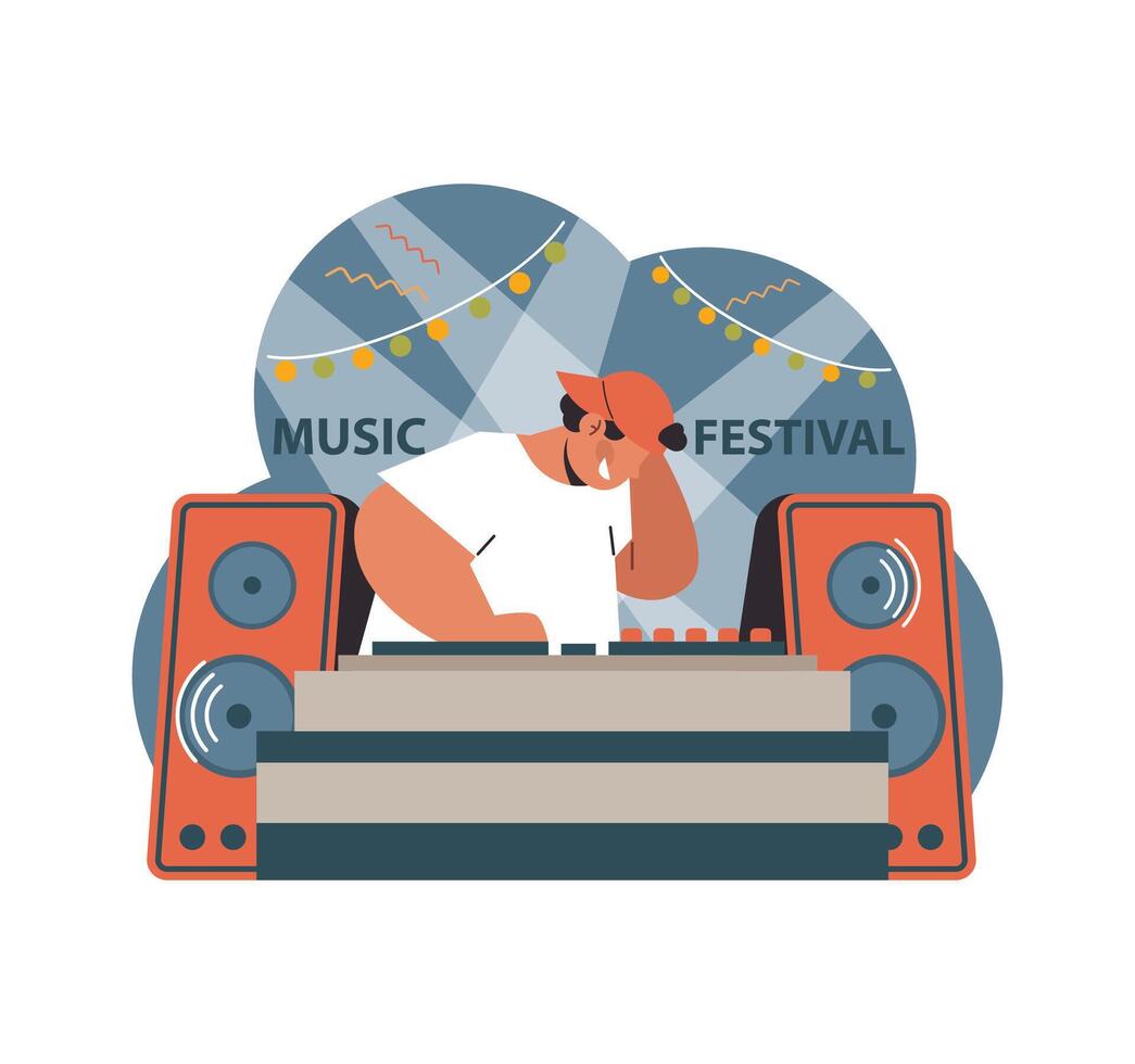 dj immersa nel il ritmo, Filatura melodie a un' musica Festival. piatto vettore illustrazione.