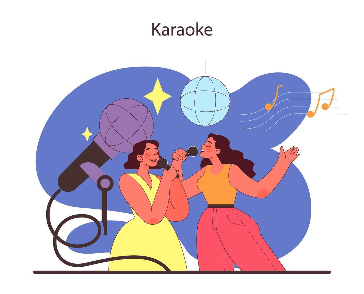 karaoke concetto. duo con gioia cantando con un' microfono, crogiolarsi nel il splendore di un' discoteca sfera. vettore