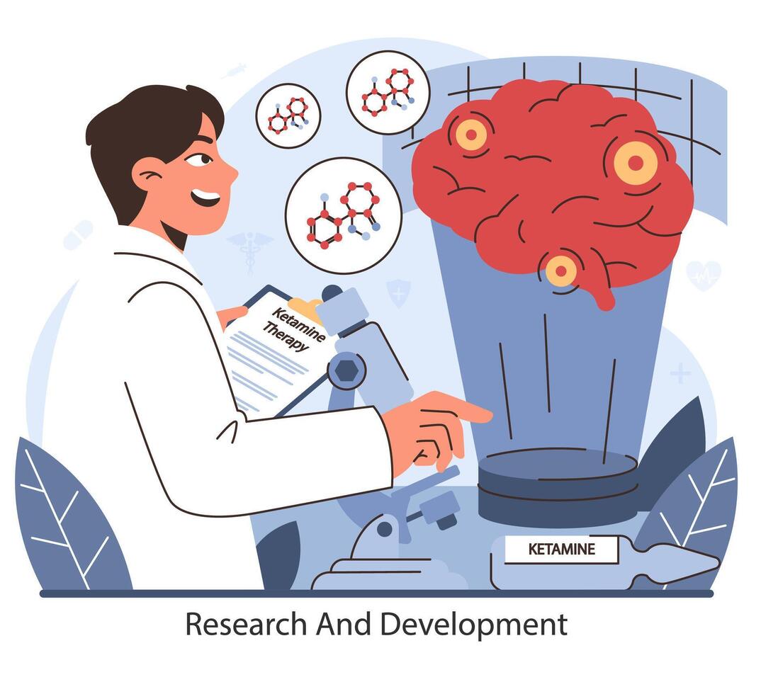 ricerca e sviluppo nel ketamina terapia. piatto vettore illustrazione.