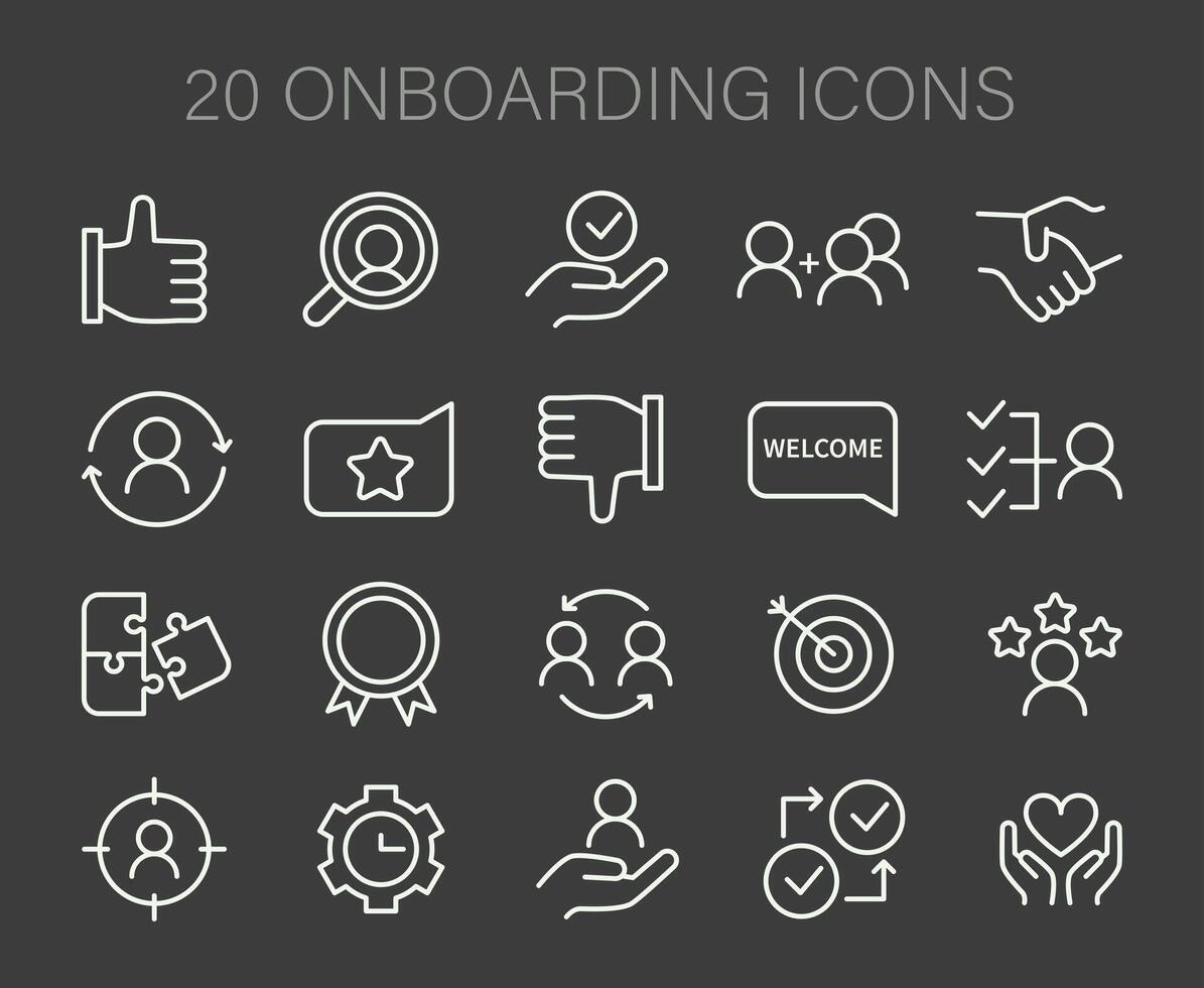 onboarding icone impostare. icone raffigurante chiave passaggi nel accogliente e integrando nuovo membri. vettore