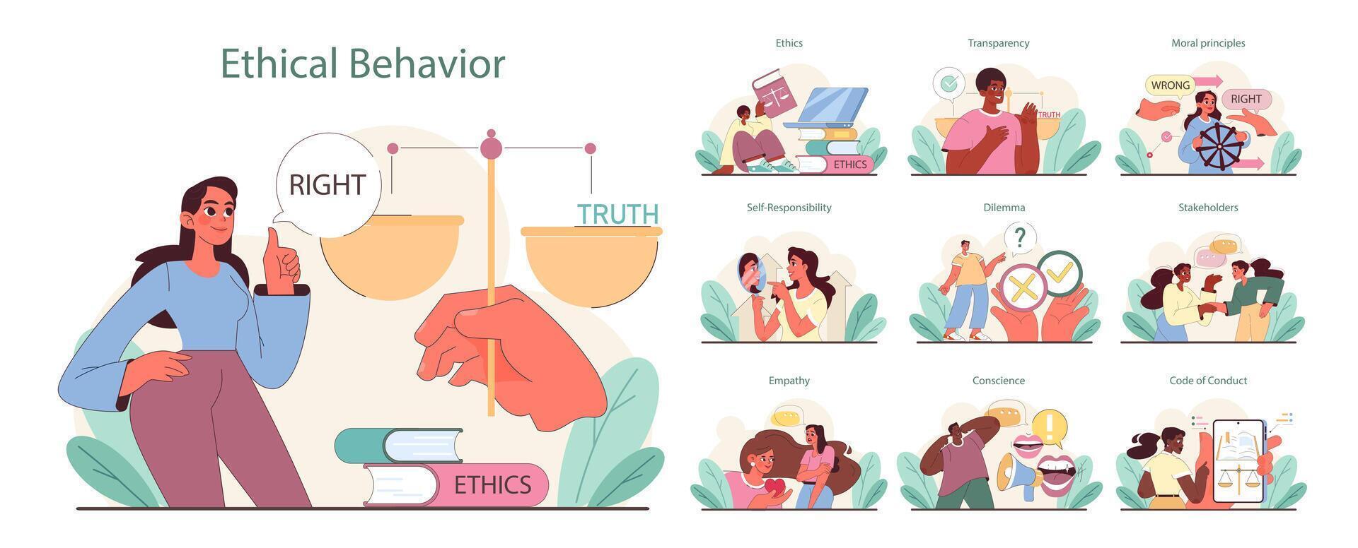 etico comportamento impostare. equilibratura verità e giustezza, esplorando trasparenza vettore