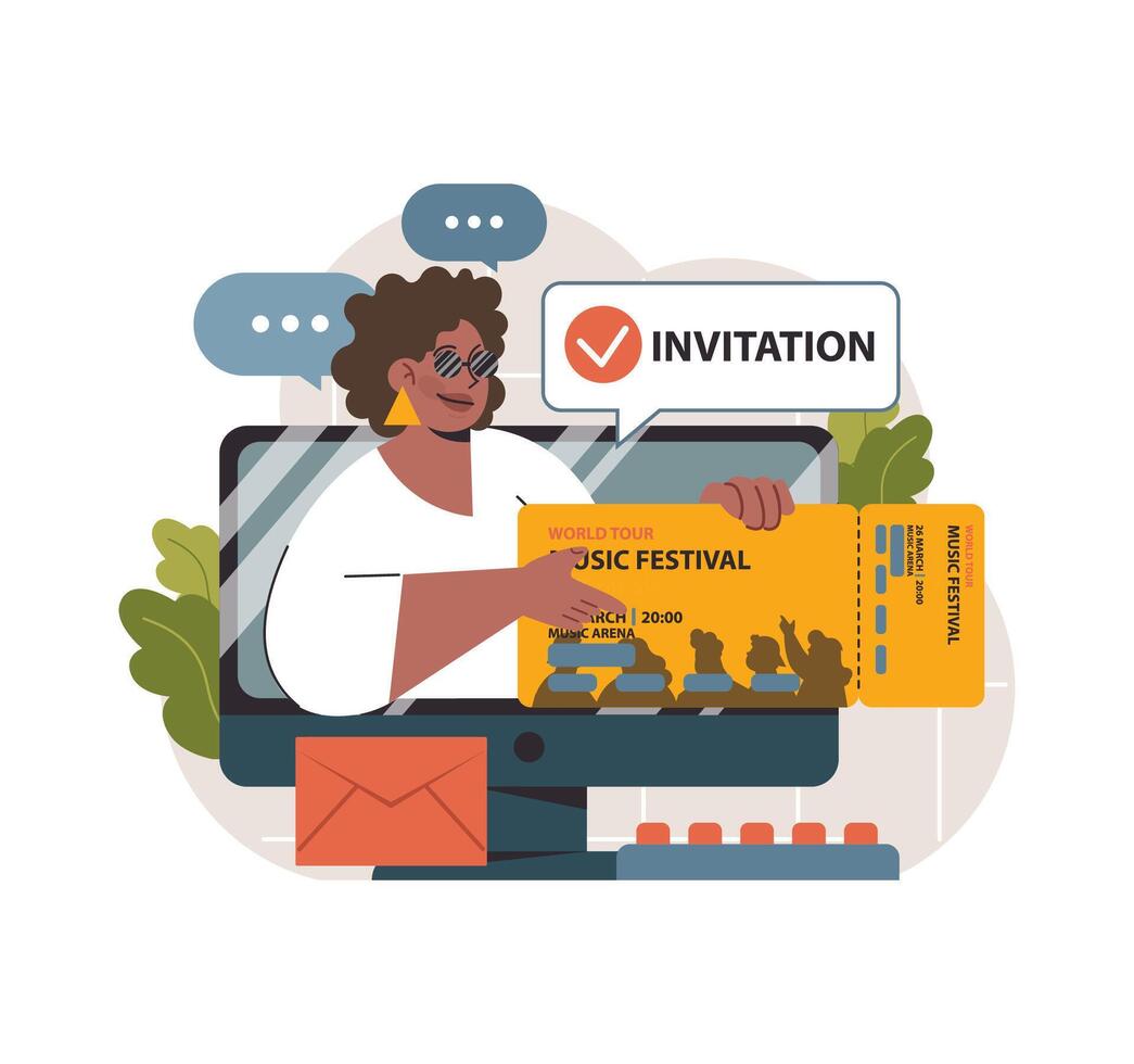 eccitato fan riceve un in linea invito per il mondo giro musica Festival. piatto vettore illustrazione