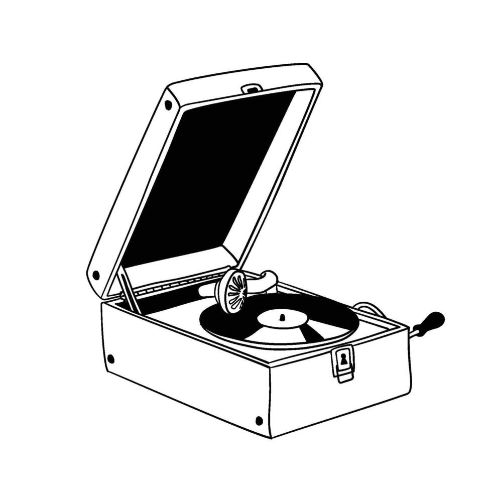 vecchio Vintage ▾ grammofono giocatore con un' vinile disco, mano disegnato vettore pittogramma