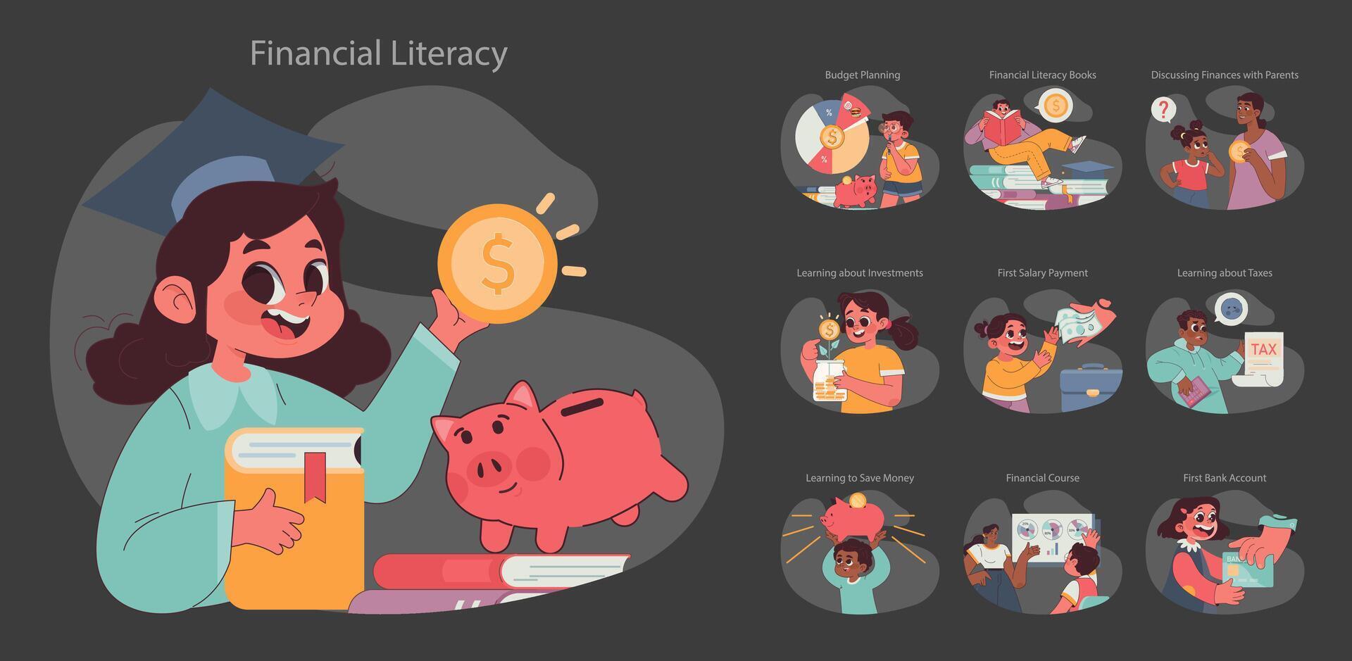 bambino finanziario alfabetizzazione impostare. piatto vettore illustrazione