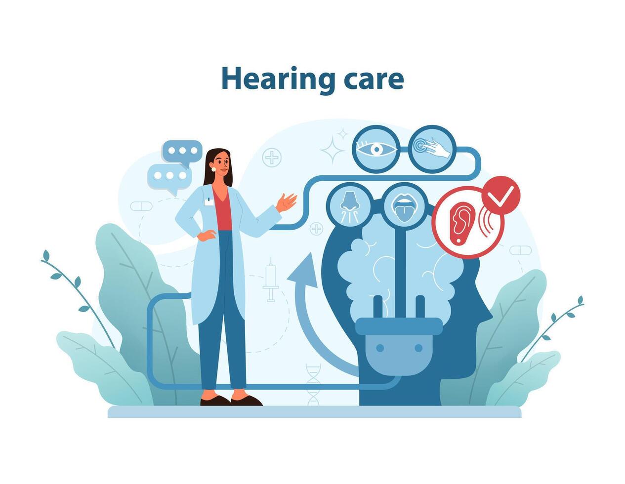 udito cura panoramica. un' globale vettore illustrazione di un audiologo con icone che rappresentano uditivo.