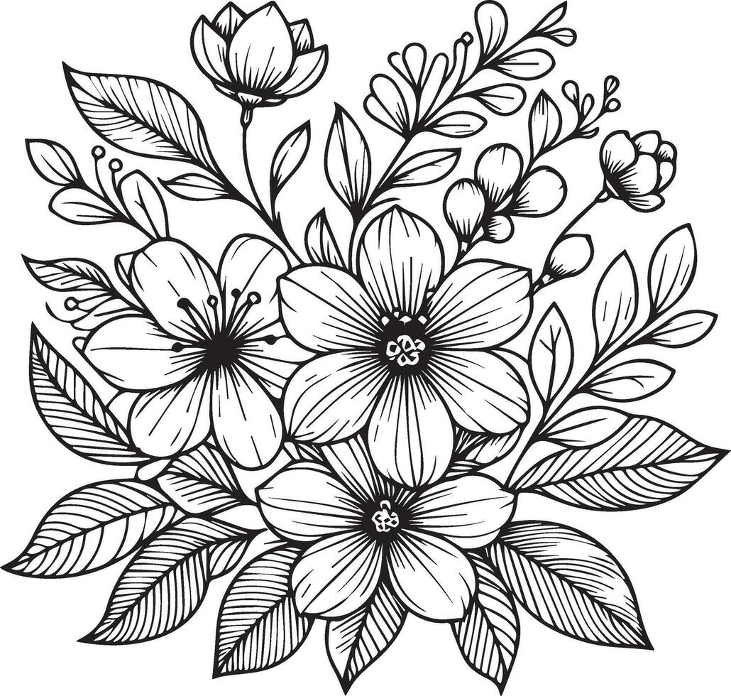 gelsomino fiore linea arte, fiore colorazione pagine per adulto, bella fiore colorazione pagine, mano disegnato gelsomino fiore, botanico Gerdania nero e bianca illustrazione, linework stella gelsomino fiori vettore