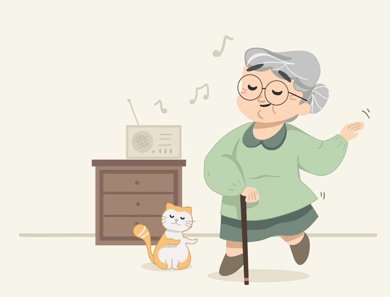nonnina carina che balla sulla canzone alla radio. piccolo gatto che si unisce alla nonna mentre balla. illustrazione vettoriale piatto moderno carino.