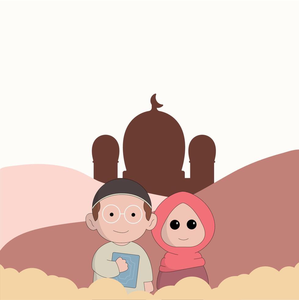 personaggio carino Ramadhan concetto illustrazione contento musulmano celebrare santo mese Ramadhan moschea sillhouette vettore illustrazione