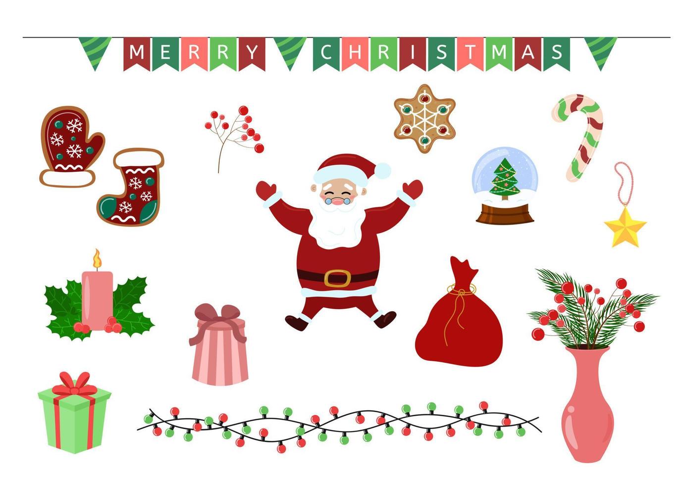 insieme di elementi di natale. decorazioni natalizie e Babbo Natale isolato su sfondo bianco. vettore piatto collezione