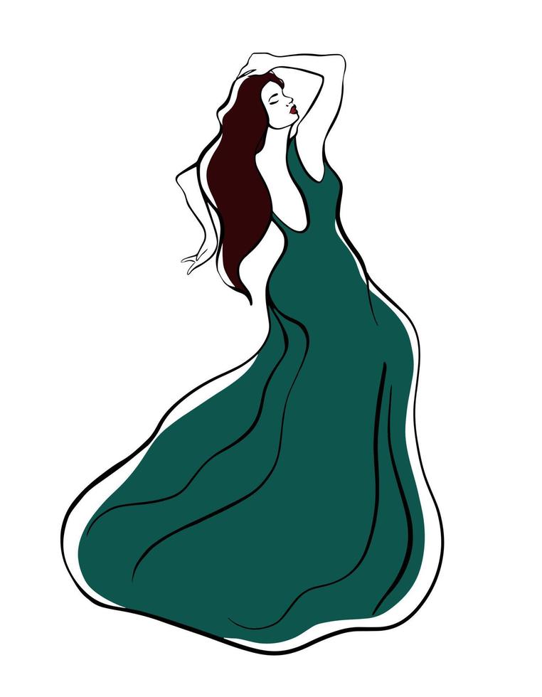 ragazza in uno schizzo di abito lungo verde. illustrazione di moda vettore