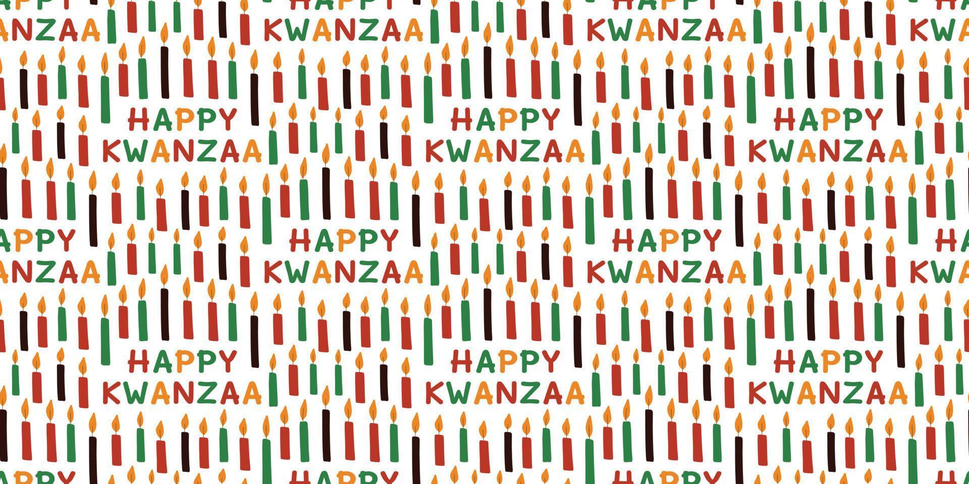 modello senza cuciture per kwanzaa con testo felice kwanzaa e candele. vacanza culturale etnica afroamericana. sfondo luminoso colorato per biglietto di auguri, invito, carta da regalo. vettore