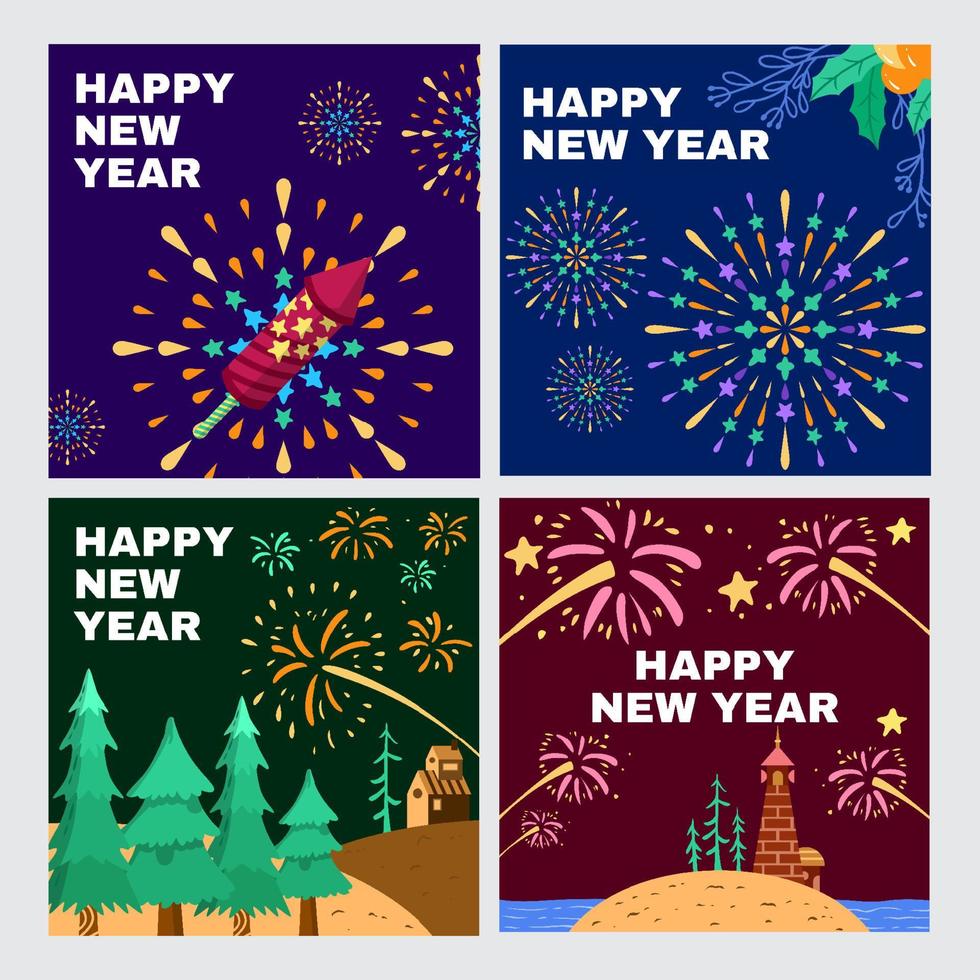post sui social media del festival dei fuochi d'artificio di felice anno nuovo vettore