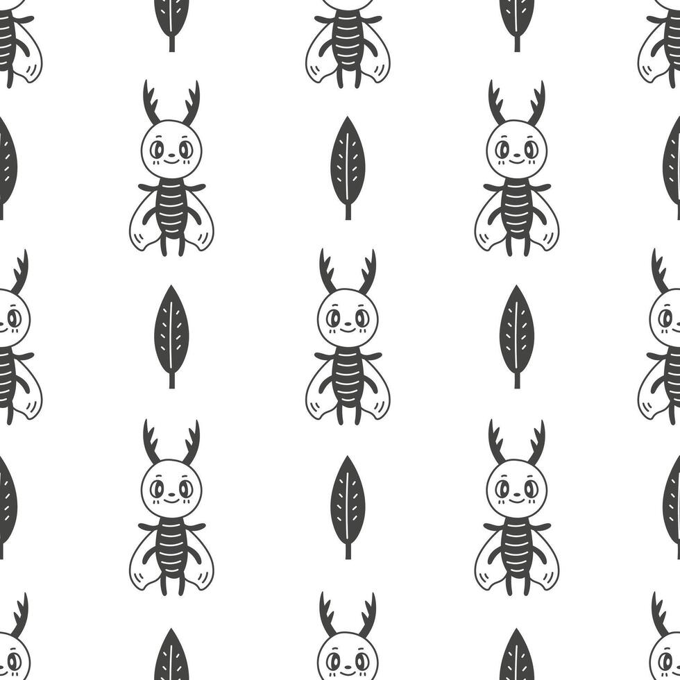 cervo scarafaggio e foglia senza soluzione di continuità modello nel scarabocchio stile vettore