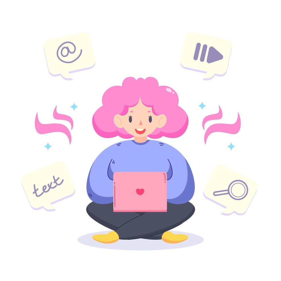 colore vettore illustrazione con un' uomo seduta nel un' il computer portatile con icone. giocatore, etichetta, ricerca, didascalia