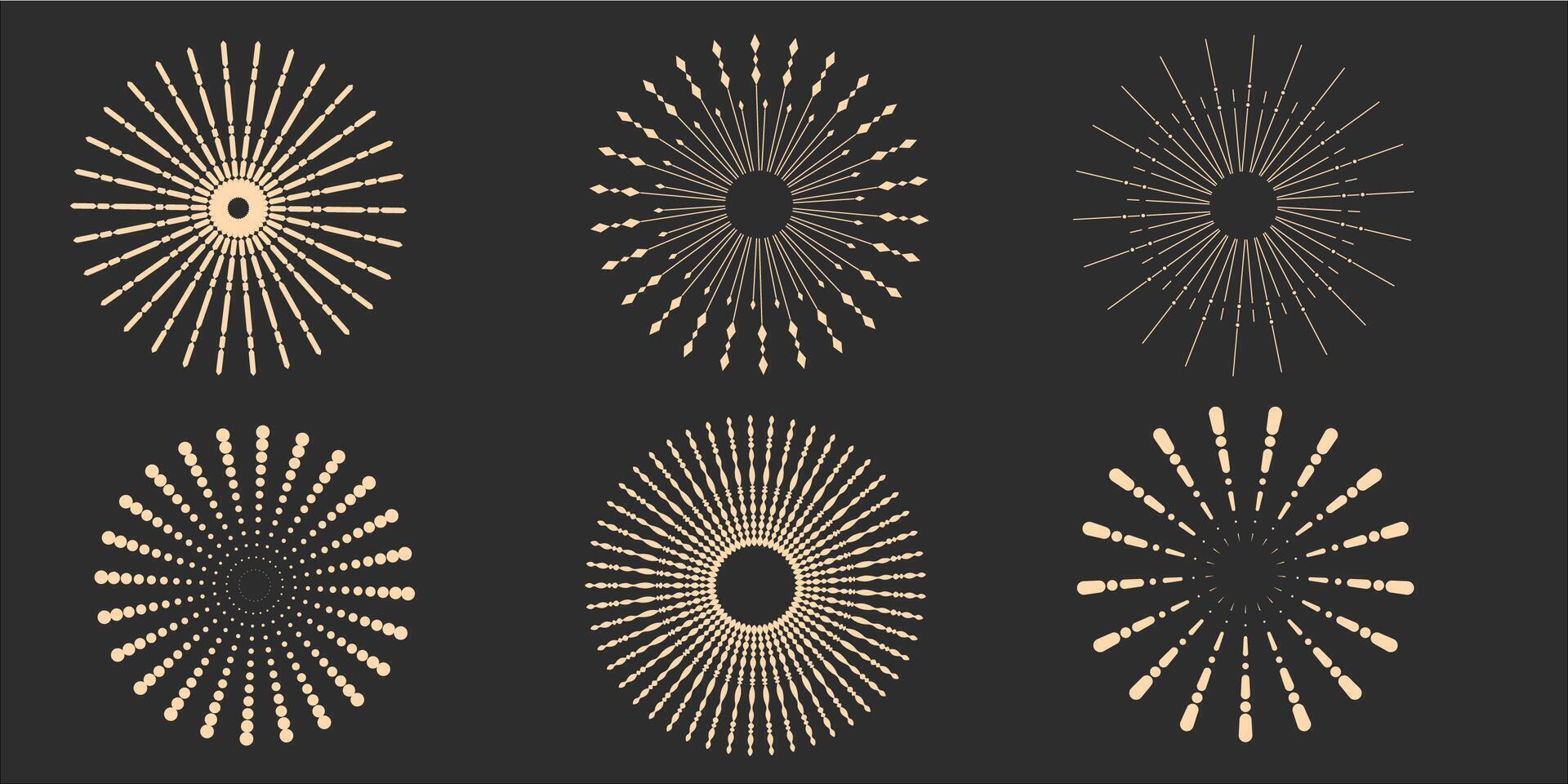 impostato di leggero raggi, raggi di sole, e solare raggi. design elementi, lineare disegno, Vintage ▾ fricchettone stile. impostato leggero raggi, raggi di sole di diverso dimensioni e intensità contro un' leggero sfondo. vettore