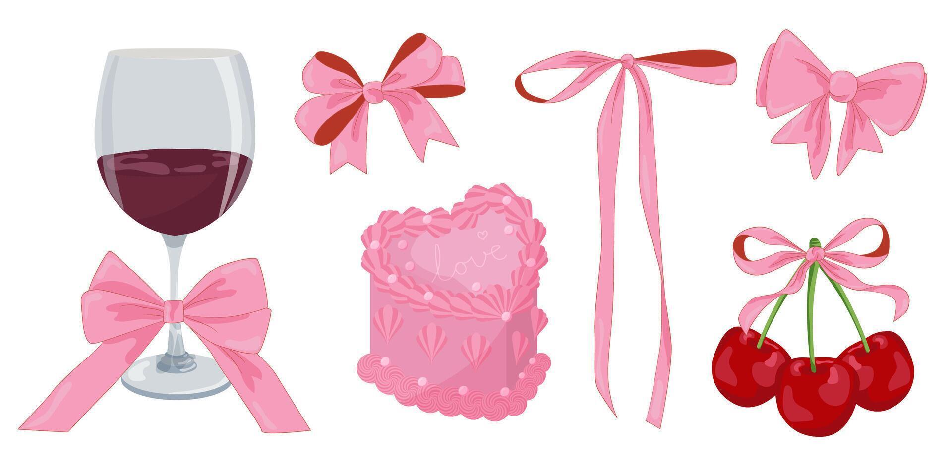 vettore illustrazione di rosa Femminile Vintage ▾ archi, vino, bento torta e ciliegia. carino bento agnello torta. Femminile civetta estetico.